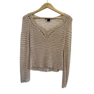 Bette Sung Crochet Knit V-neck Shirt Long Sleeve Womens Large Granny Cottagecore